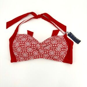 Sonnet Shores Beach Dandy Red White Floral Halter Bikini Top Molded Cups Sz 16
